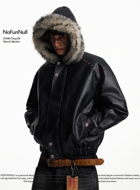 NOFUNNULL 重磅加厚PU座山雕冬季男女设计感廓形棉衣连帽棉服外套