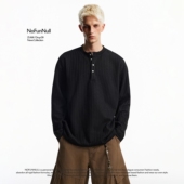 NOFUNNULL美式 cleanfit老钱风亨利领长袖 T恤男女秋肌理感条纹上衣