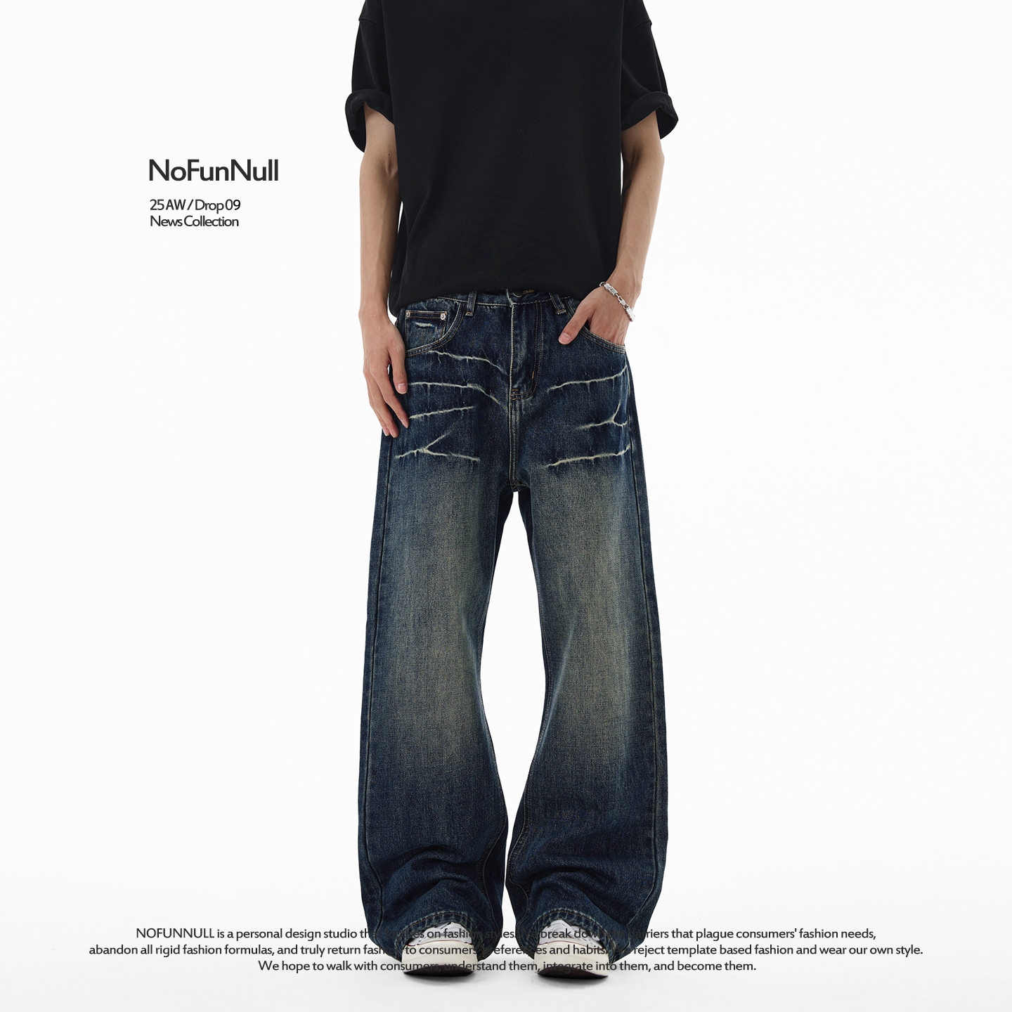 NOFUNNULL闪电裂痕微喇牛仔裤潮