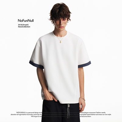 NOFUNNULL撞色格纹拼接袖口短袖T