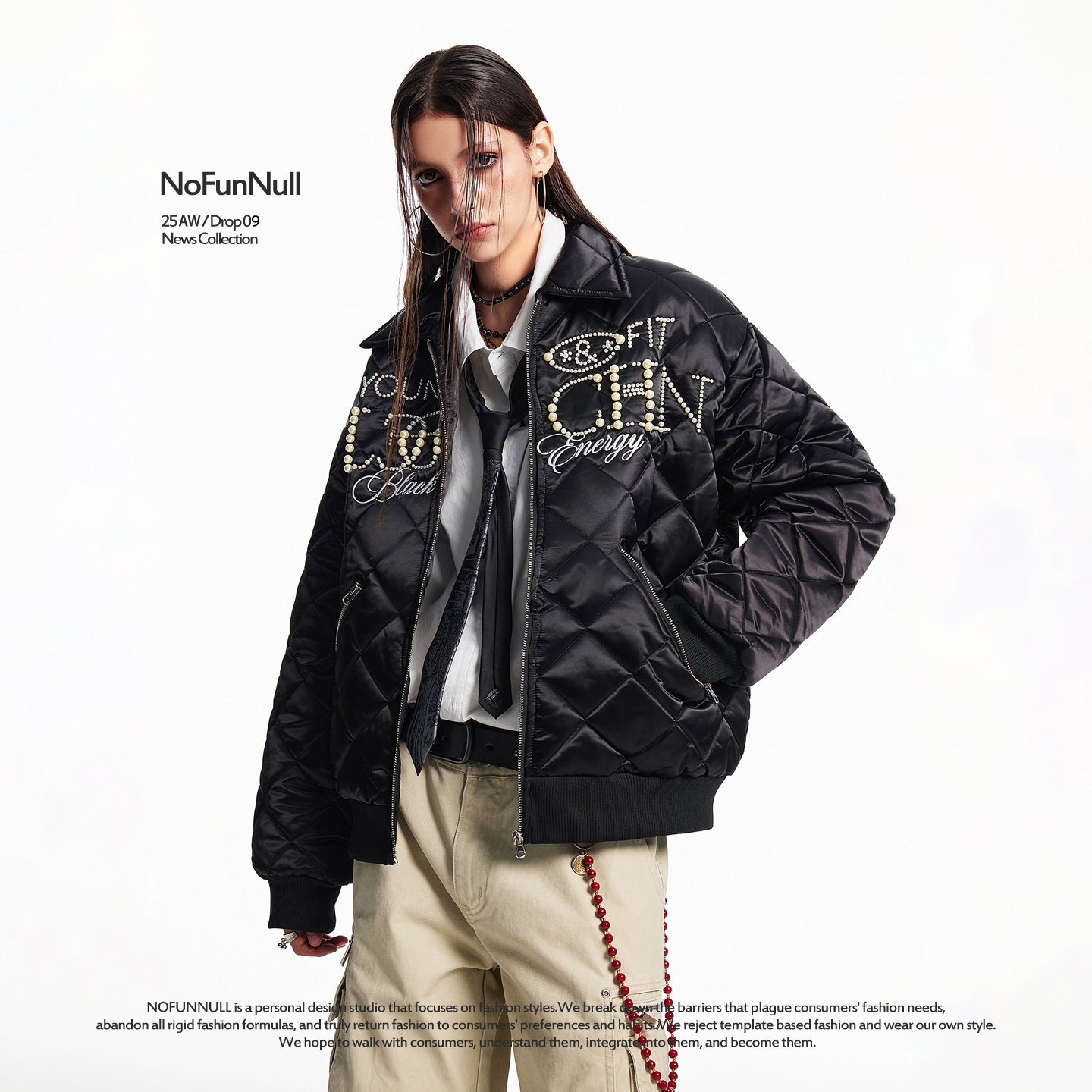 NOFUNNULL美式刺绣珍珠钉珠棉服