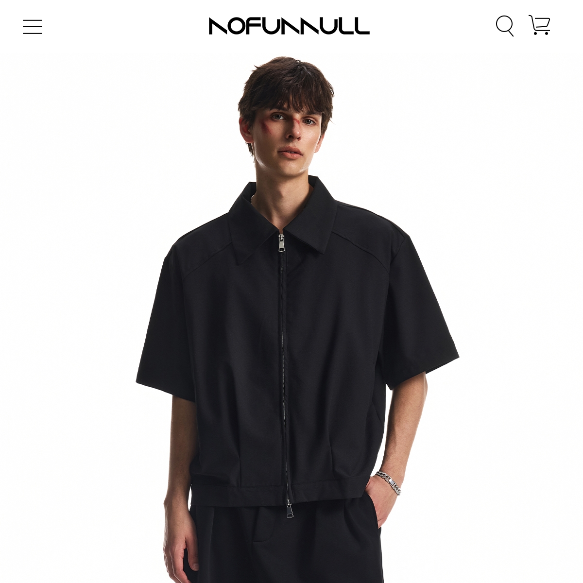 NOFUNNULL 美式cleanfit垫肩双拉链短袖衬衫男夏季宽松抗皱衬衣潮