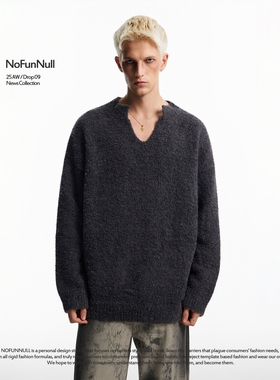NOFUNNULL700g重磅V领设计感套头毛衣男秋冬松弛感高质针织衫上衣