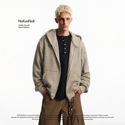 NOFUNNULL慵懒条纹开衫连帽卫衣