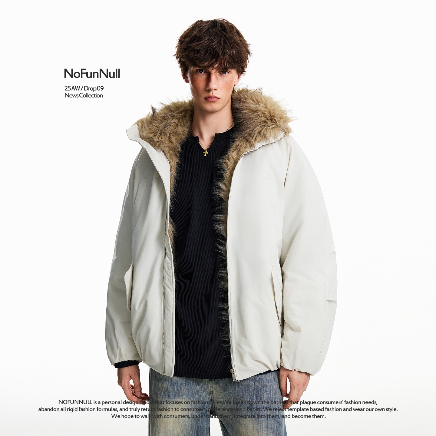 NOFUNNULL座山雕加厚毛领棉衣潮