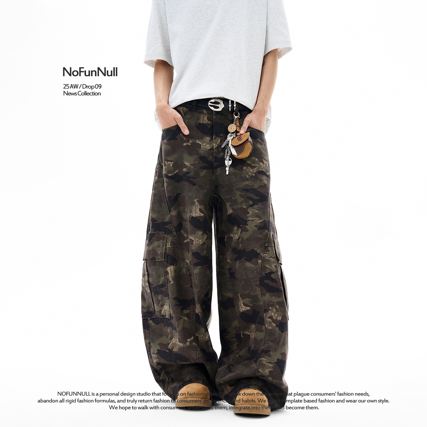 NOFUNNULL多口袋阔腿弯刀工装裤