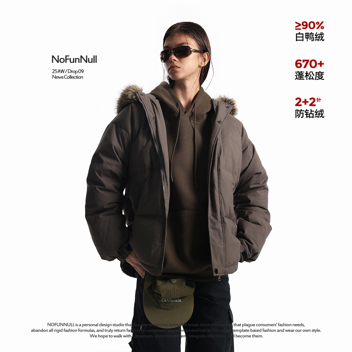 NOFUNNULL 纯色加厚高充绒毛领羽绒服男女款90白鸭绒简约面包服潮