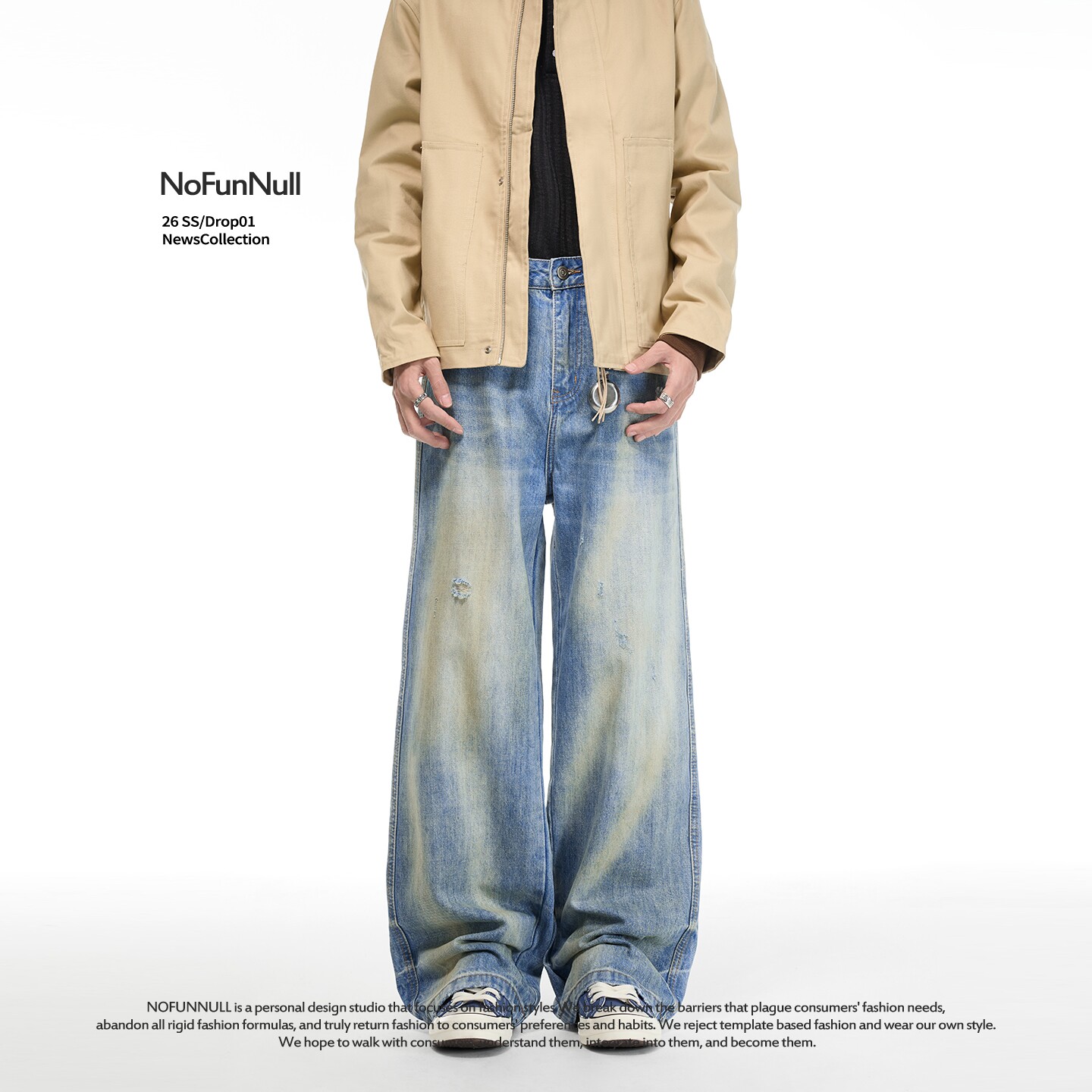 NOFUNNULL 美式黄泥水洗做旧牛仔裤男女春季破洞直筒Cleanfit长裤