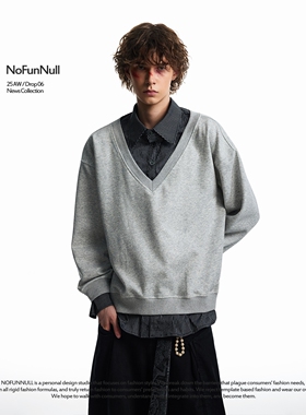 NOFUNNULL 秋季拼接格纹衬衫领卫衣男假两件POLO衫宽松长袖上衣潮