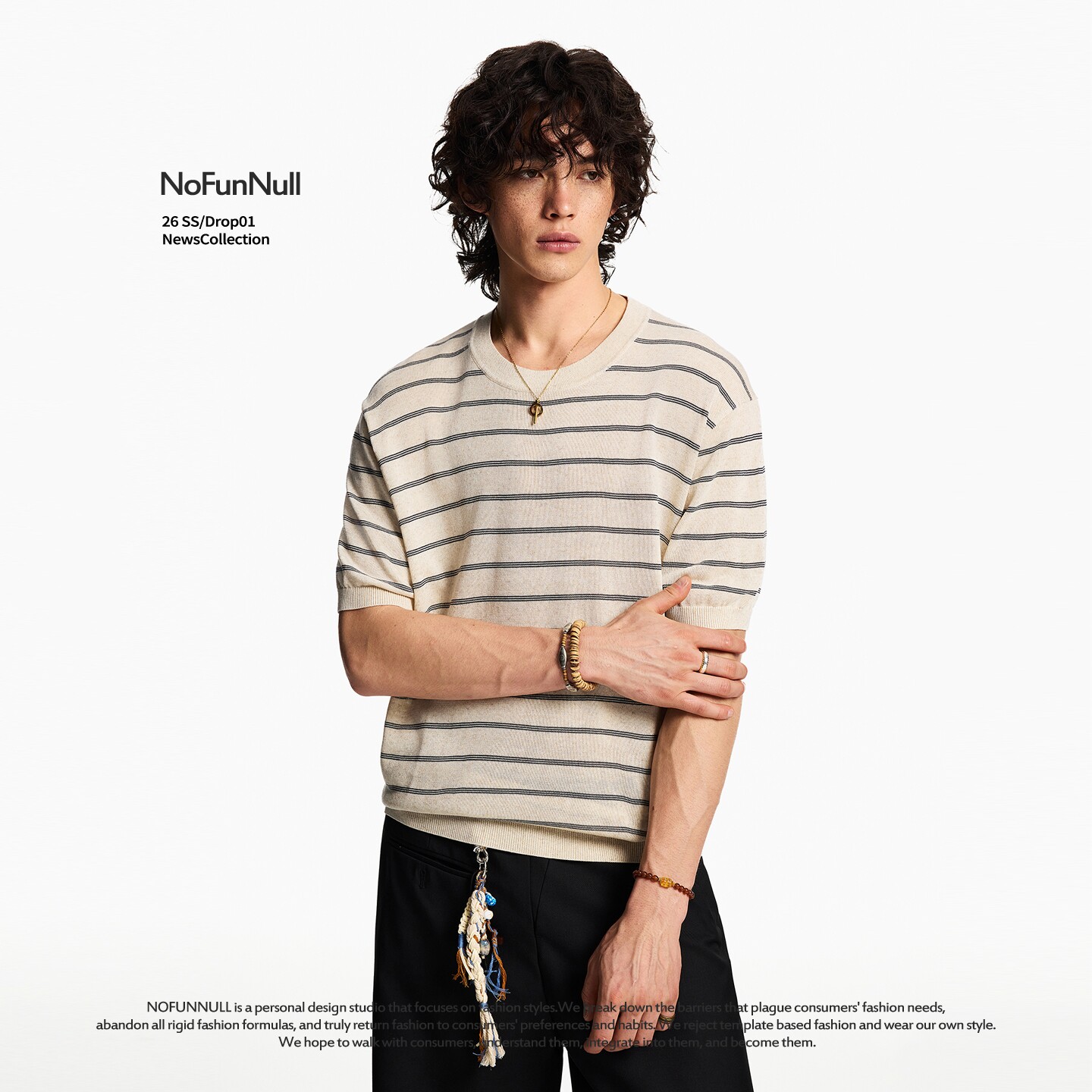 NOFUNNULL亚麻老钱风圆领条纹针织衫短袖夏季男女莱赛尔半袖T恤潮