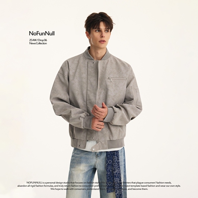 NOFUNNULL美式立领扎染PU皮夹克