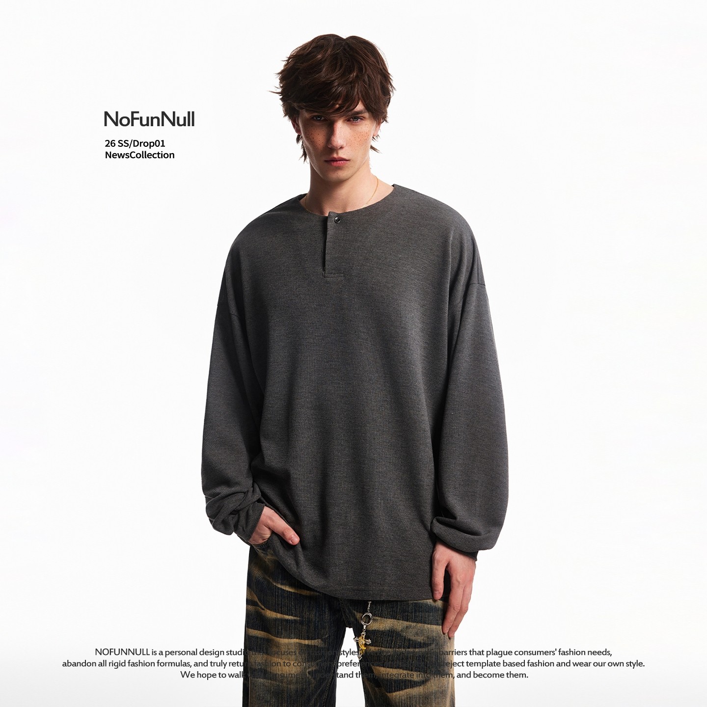 NOFUNNULL美式老钱风亨利领长袖T恤春季男女肌理感半开衫圆领上衣,男装,T恤,淘宝优惠券,粉丝福利购,淘宝优惠卷