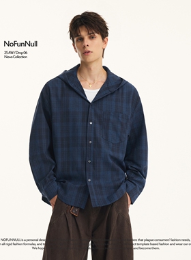 NOFUNNULL 美式蓝色格子连帽衬衫男秋季宽松开衫休闲衬衣潮牌外套