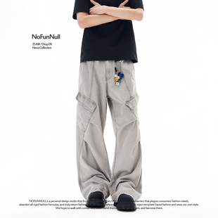 男女宽松纯棉直筒阔腿休闲裤 NOFUNNULL 裤 立袋褶皱拼接工装 潮 美式