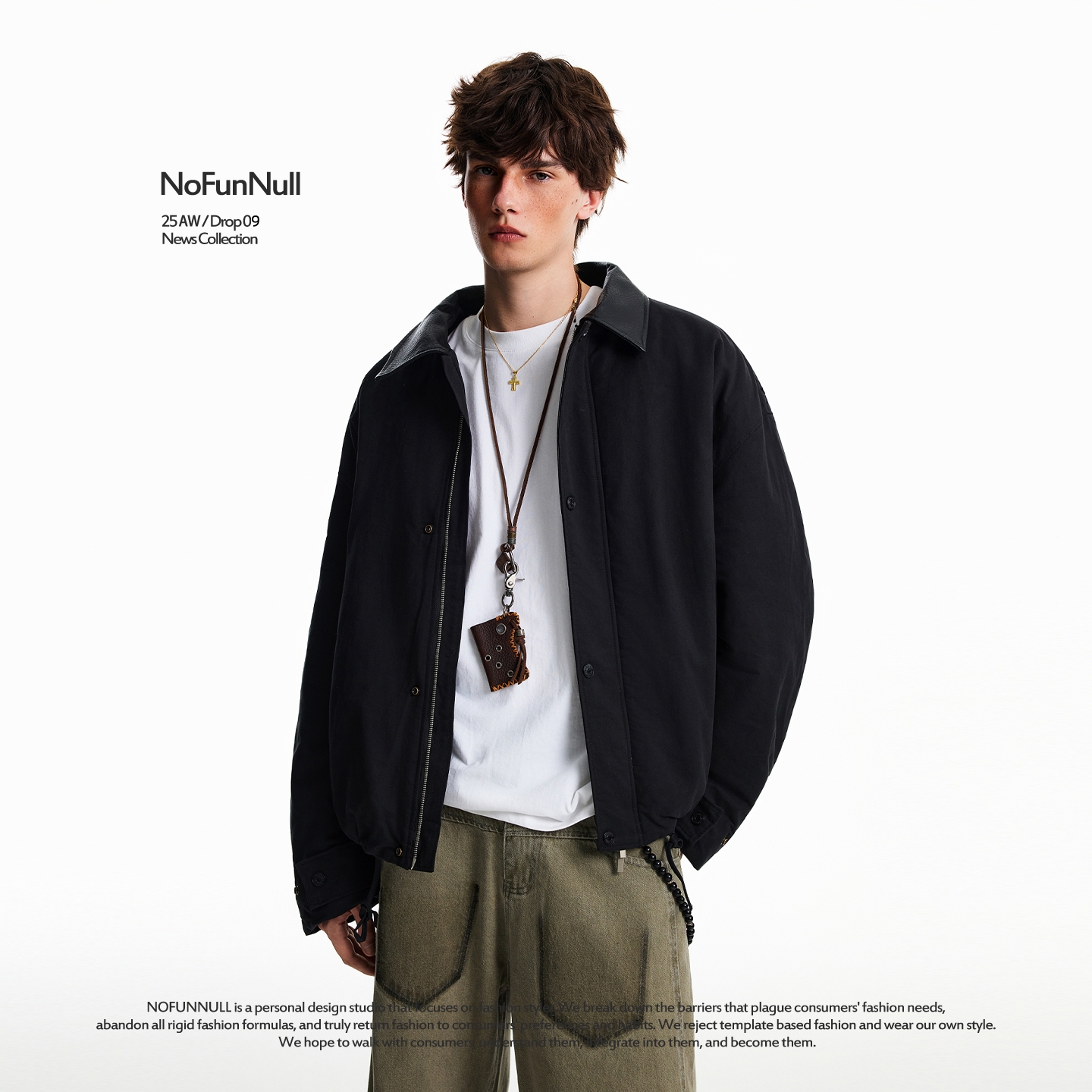 NOFUNNULL美式vibe撞色皮领棉衣