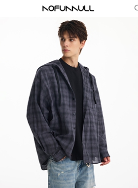 NOFUNNULL 夏季物理防晒连帽格子长袖衬衫男女户外轻薄款衬衣外套