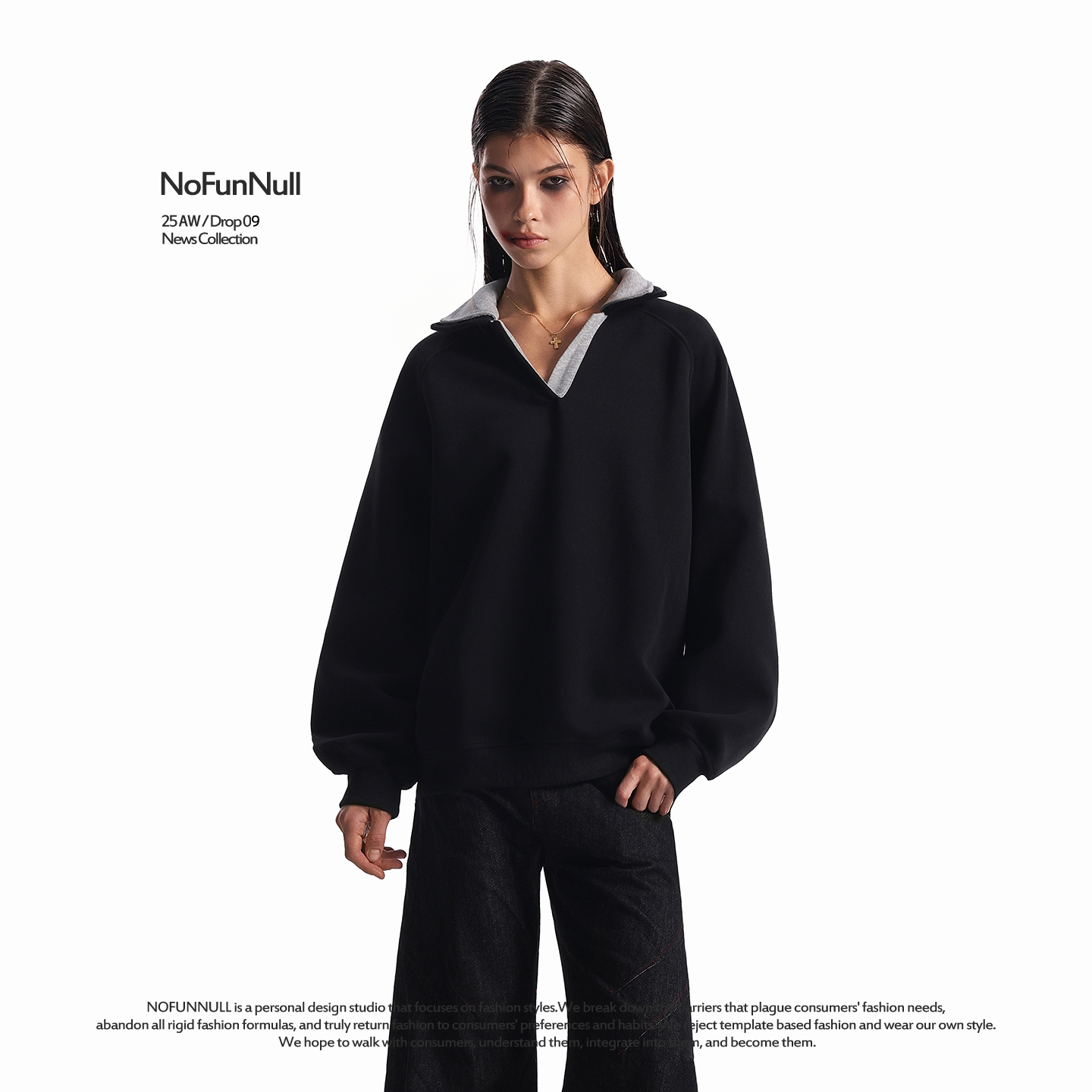 NOFUNNULL假两件撞色POLO领卫衣