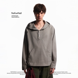 春季 NOFUNNULL 衬衫 复古格纹连帽长袖 男慵懒高级感衬衣外套潮 美式