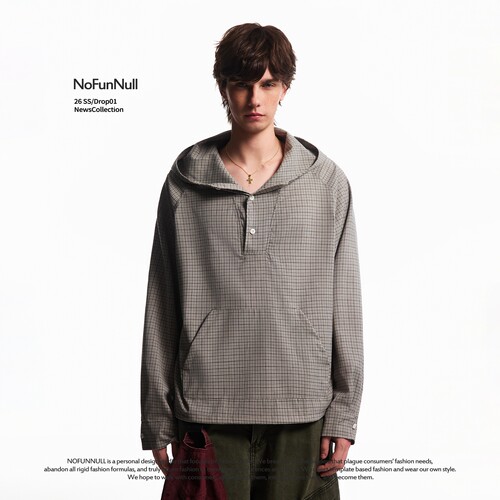 NOFUNNULL复古格纹连帽长袖衬衫