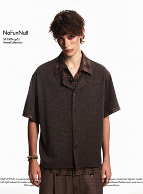 NOFUNNULL 美式复古假两件格纹拼接翻领衬衫男春季老钱风休闲上衣