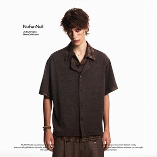 NOFUNNULL 美式复古假两件格纹拼接翻领衬衫男春季老钱风休闲上衣
