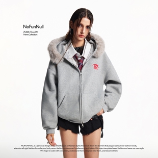NOFUNNULL 连帽卫衣男女秋cleanfit情侣外套 400g重磅美潮毛领开衫