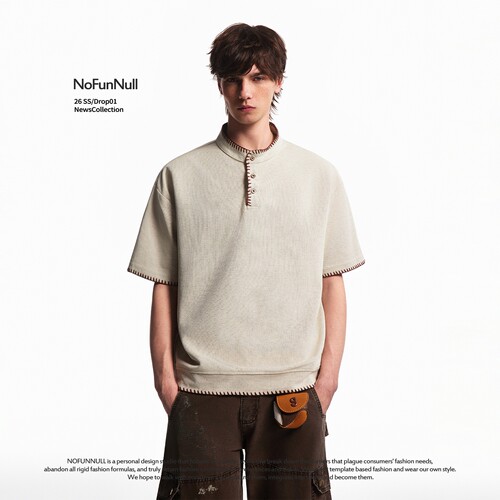 NOFUNNULL亨利领手缝线短袖T恤潮