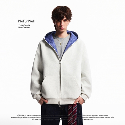 NOFUNNULL春季蓝格连帽开衫卫衣