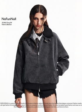NOFUNNULL 美式复古PU皮夹克男情侣潮牌宽松保暖上衣立领短款外套