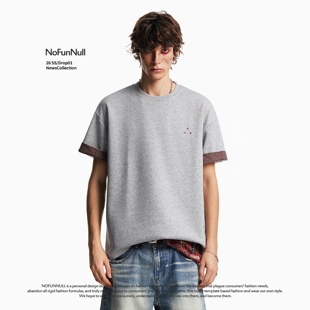 NOFUNNULL 圆领格纹翻边短袖 T恤夏季 男女宽松设计感假两件tee 美式