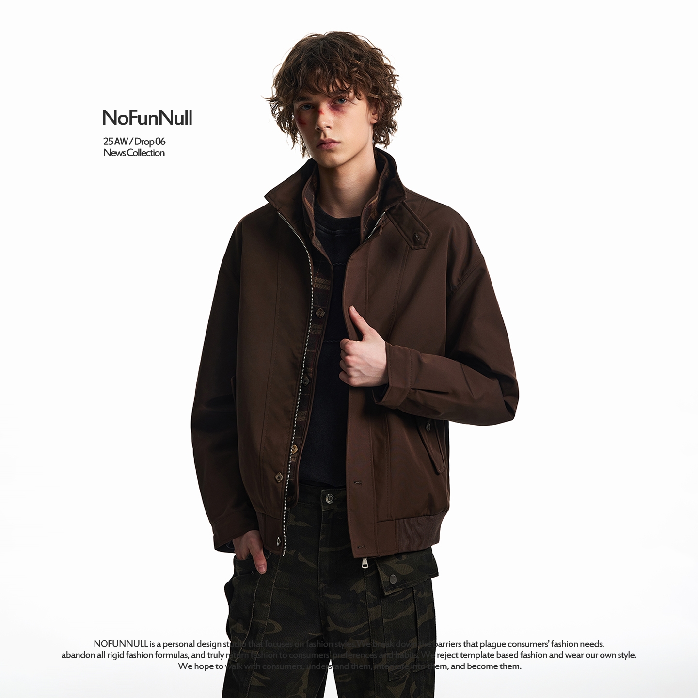 NOFUNNULL假两件格纹哈灵顿夹克