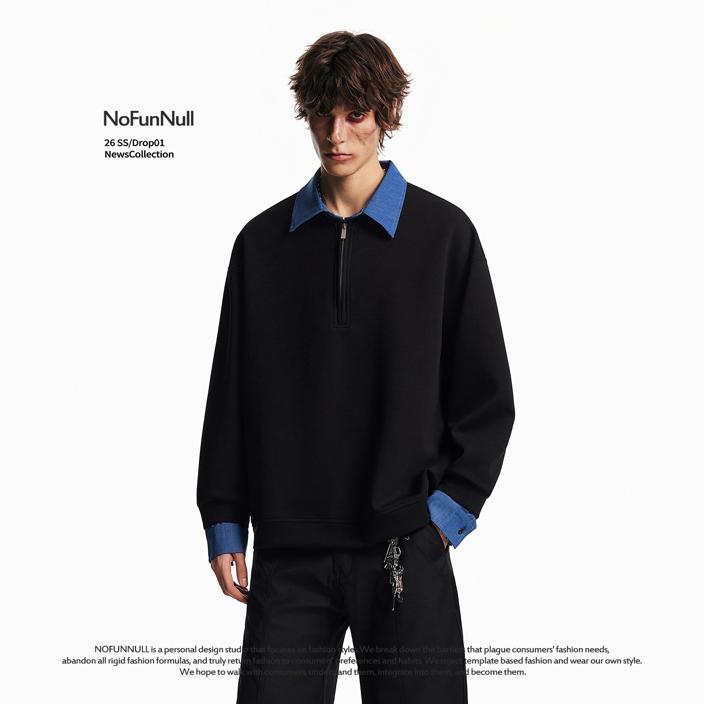 NOFUNNULL 美式复古撞色假两件卫衣春季男女长袖POLO衫宽松外套潮