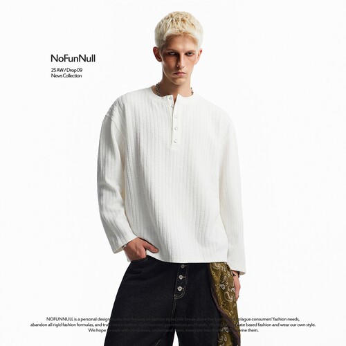 NOFUNNULL春季老钱风亨利领T恤男