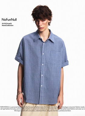 NOFUNNULL 美式复古少年感格纹短袖衬衫男女夏季宽松廓形翻领衬衣