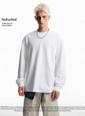 NOFUNNULL260g重磅轻氧棉美式圆领长袖T恤男女宽松休闲纯色打底衫