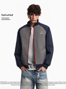NOFUNNULL 美式复古撞色立领条纹夹克男女春季bf风休闲运动外套潮