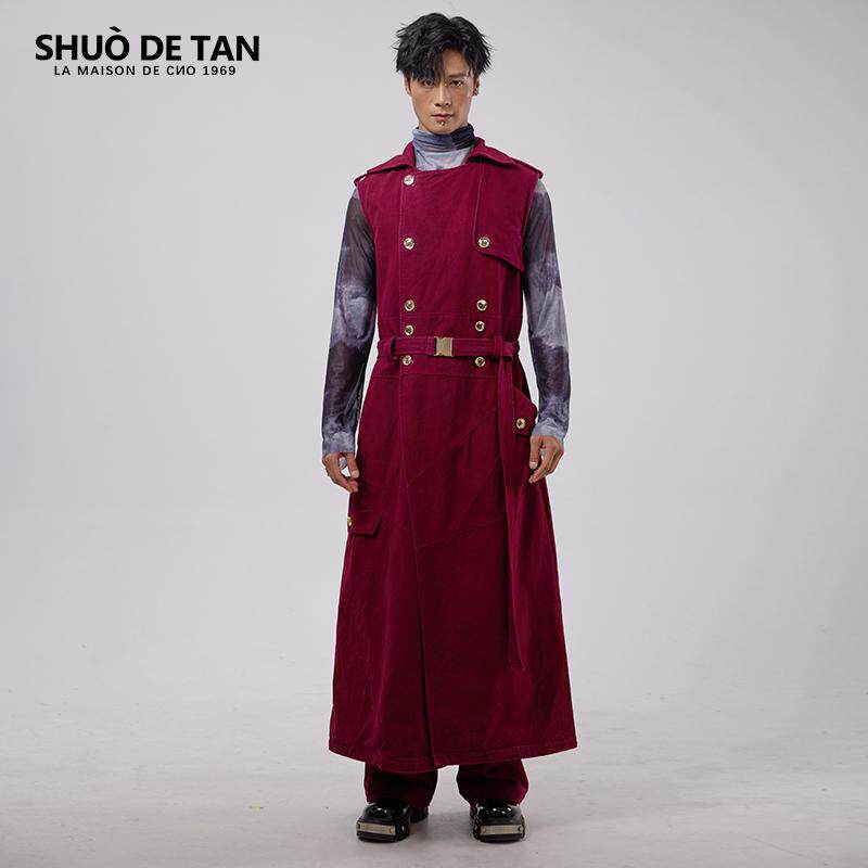 SHUODETAN金色扣飘带无袖超长款拼接口袋红色风衣男女修身潮外套