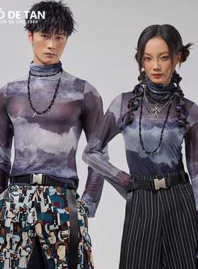 SHUODETAN丝滑扎染弹力丝袜衣堆堆领网纱长袖打底衫男女半透明T恤