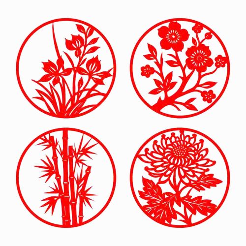 圆形梅兰竹菊窗花剪纸成品红色