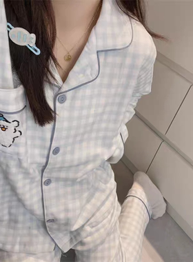 饼干小狗格子蓝色睡衣女德绒秋冬季新款可爱卡通家居服套装可外穿