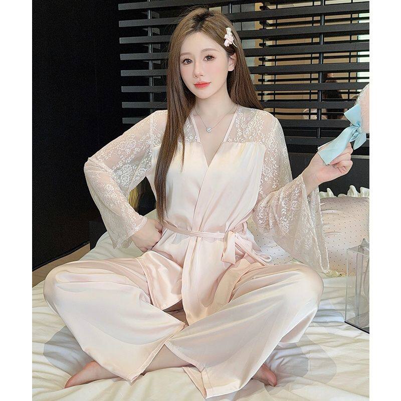 宫廷风蕾丝睡衣女夏季薄款长袖女性感高级感春秋款冰丝绸两件套装