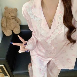 美乐蒂睡衣女春秋季新款冰雪丝翻领蕾丝长袖长裤可外穿家居服套装