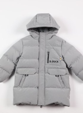 B.DUCK小黄鸭正品连帽中长款羽绒服灰色量感暖核外套