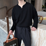 2021秋装韩版网红宽松纯色V领舒适打底衫长袖T恤B267-T，男装T恤，电商B267