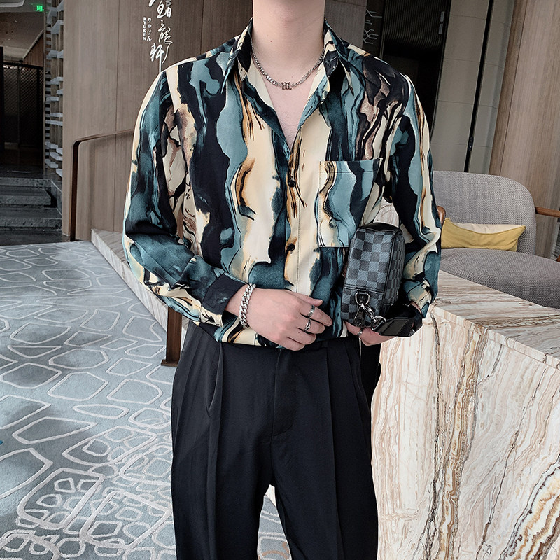 秋季红痞帅长袖印花衬衫轻奢花衬衣ins潮男宽松CS616,男装衬衫,电商B267