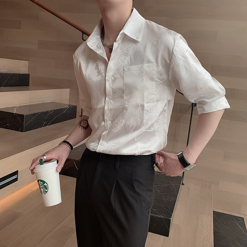 夏季in新品丝绸复古龙纹刺绣衬衫男修身中袖花衬衣A369-CS282,男装衬衫,电商B267