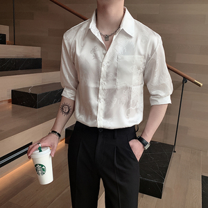 夏季in新品丝绸复古龙纹刺绣衬衫男修身中袖花衬衣A369-CS282图片