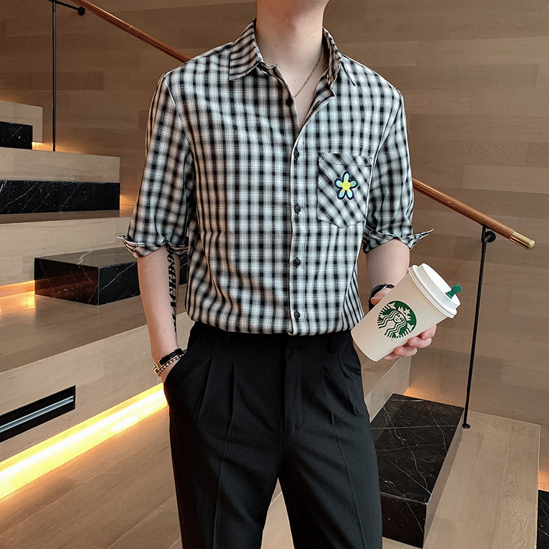 潮男格子衬衫英伦休闲贴花格子中袖七分袖衬衣男A369-CS287,男装衬衫,电商B267