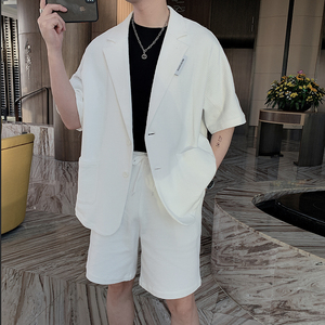 夏季韩版宽松网红休闲华夫格短袖西服男纯色套装 B267-TZ109图片