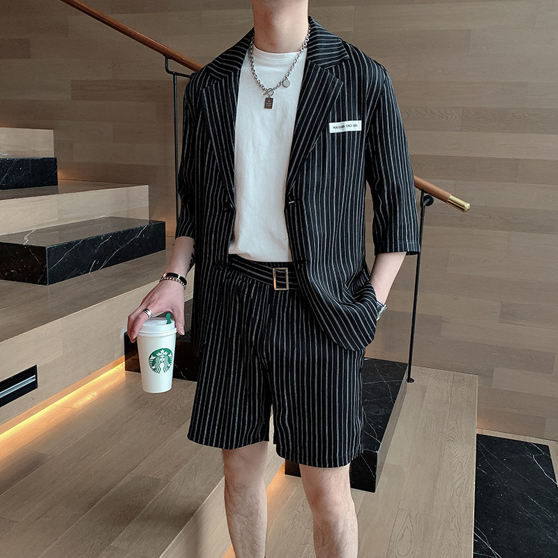 夏季韩版男士痞帅潮流宽松条纹短袖西服短裤套装A369-TZ006,男装西服套装,电商B267